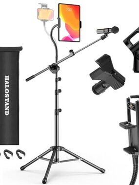 Microphone Stand with IPAD Clip, Floor Foldable Mic Stand with Phone Clip